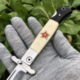 Promithi Russian Knife Finka NKVD Knife KGB Manual Folding Pocket Knife Black and White Handle 440C Blade for Outdoor Camping