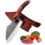 kitchen knife for all purposes, professional hand-forged universal knife, non-stick boning knife, chef's knife, chopping knife, Japanese steel, damask style, wooden handle with leather sheath (brown)
