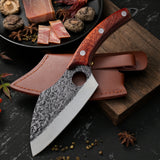 kitchen knife for all purposes, professional hand-forged universal knife, non-stick boning knife, chef's knife, chopping knife, Japanese steel, damask style, wooden handle with leather sheath (brown)